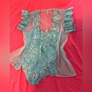 Alana Gale Intimates Vintage Nylon and Lace Teddy Bodysuit and Sheer Robe Set